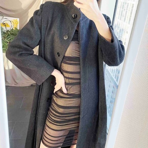 Vintage Wool Cashmere Blend Overcoat: 80s Striped Puffy Sleeve Coat, Size Small - Picture 3 of 10